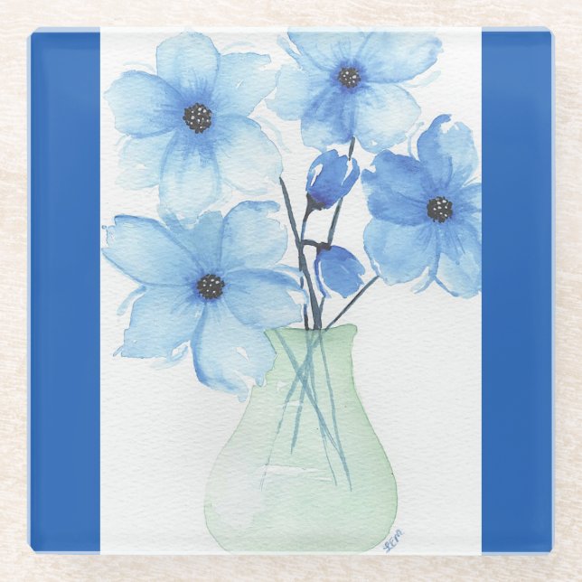 Blaue Blumen in einer Vase-Mitteilungskarten Glasuntersetzer (Vorderseite)