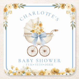 Blaue Blumen-Kinderwagen-Baby-Shower-Papierunterse Rechteckiger Pappuntersetzer