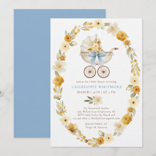 Blaue Blumen-Kinderwagen-Einladung zur Babyparty Einladung
