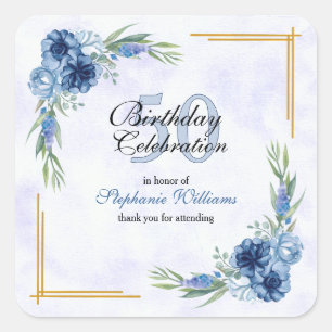 Blaue Blumen-Klassische Elegante Damen 50. Geburts Quadratischer Aufkleber
