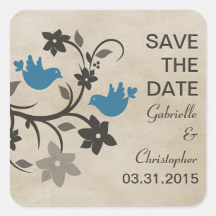 Blaue Blumen-Liebesvögel Save-the-Date-Aufkleber Quadratischer Aufkleber