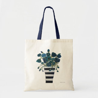 Blaue Blumen mit gestreifter Vasen-feiner Kunst Tragetasche