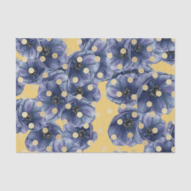 Blaue Blumen mit goldenen Punkten Seidenpapier (Vorderseite)
