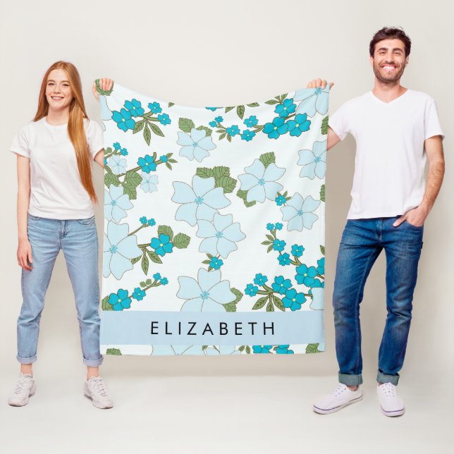 Blaue Blumen, Muster von Blume, Ihr Name Fleecedecke (Beispiel)