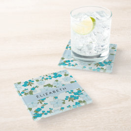 Blaue Blumen, Muster von Blume, Ihr Name Glasuntersetzer