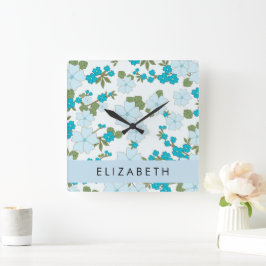Blaue Blumen, Muster von Blume, Ihr Name Quadratische Wanduhr