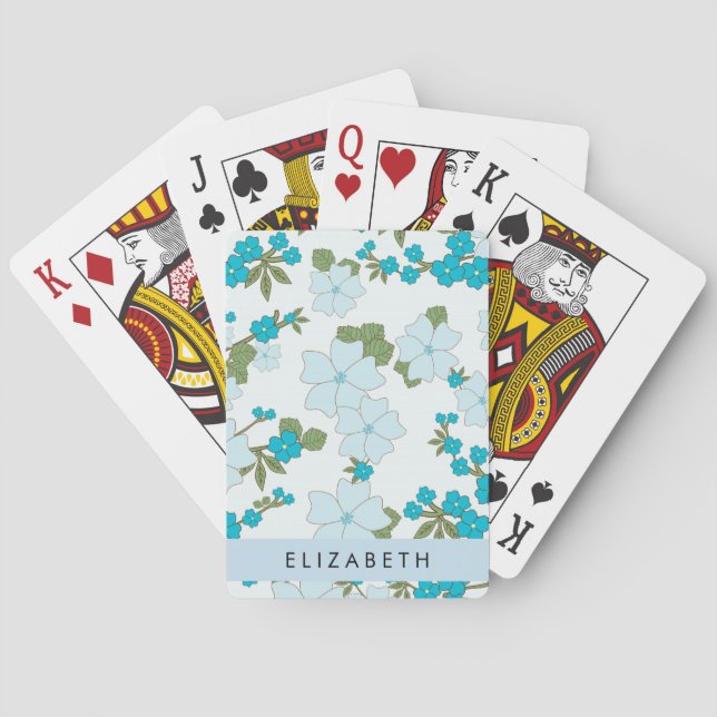 Blaue Blumen, Muster von Blume, Ihr Name Spielkarten (Rückseite)
