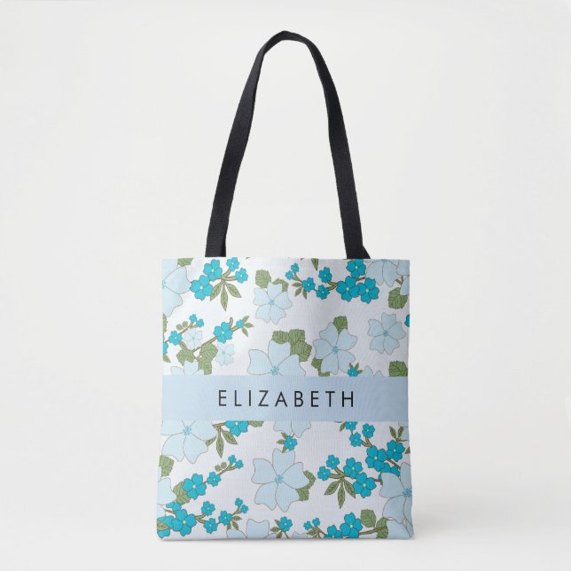 Blaue Blumen, Muster von Blume, Ihr Name Tasche (Vorderseite)