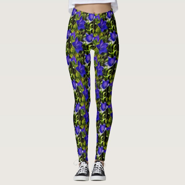 Blaue Blumen Naturkunst Muster Leggings (Vorderseite)