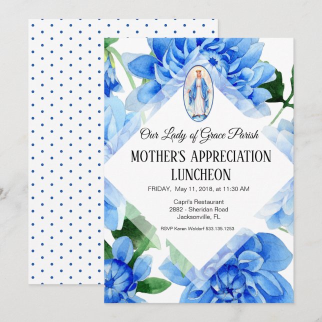 Blaue Blumen| religiöse | Jungfrau-Mary-Einladung Einladung (Vorne/Hinten)