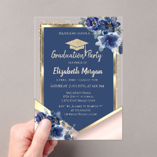 Blaue Blumen Rose Gold Glitter Abschluss Acryleinladungen