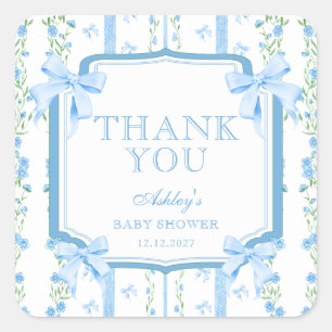 Blaue Blumen & Schleife Junge Baby Shower Dankesch Quadratischer Aufkleber
