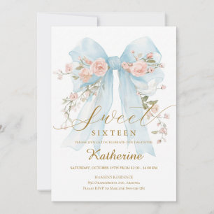 Blaue Blumen-Schleife Sweet Sixteen Einladung