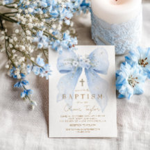 Blaue Blumen-Schleifen-Junge-Tauf-Einladung