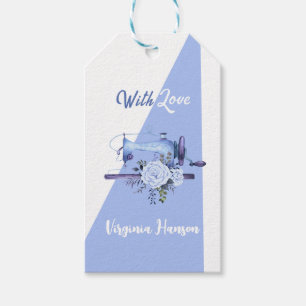 Blaue Blumen-Schneiderei-Nähmaschine mit Liebe Geschenkanhänger
