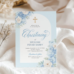 Blaue Blumen-Tauf-Einladung mit goldenem Kreuz Einladung