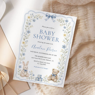 Blaue Blumen-Teddybär-Hasen-Kinderzimmer-Baby-Part Einladung