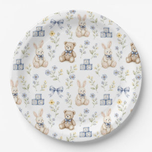 Blaue Blumen-Teddybär-Hasen-Kinderzimmer-Baby-Part Pappteller
