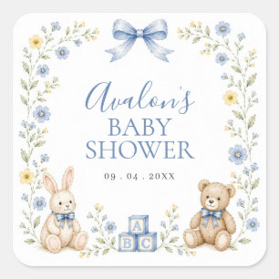 Blaue Blumen-Teddybär-Hasen-Kinderzimmer-Baby-Part Quadratischer Aufkleber