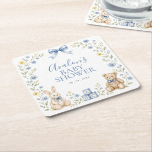 Blaue Blumen-Teddybär-Hasen-Kinderzimmer-Baby-Part Rechteckiger Pappuntersetzer