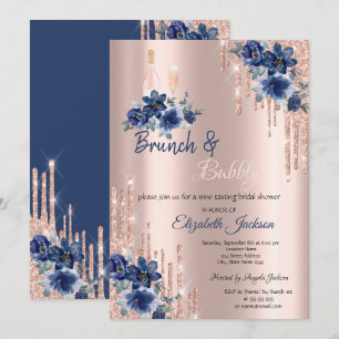 Blaue Blumen Tröpfchen Brunch & Sprudel Brautparty Einladung