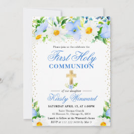 Blaue Blumen und Daisies Erste Heilige Kommunion Einladung