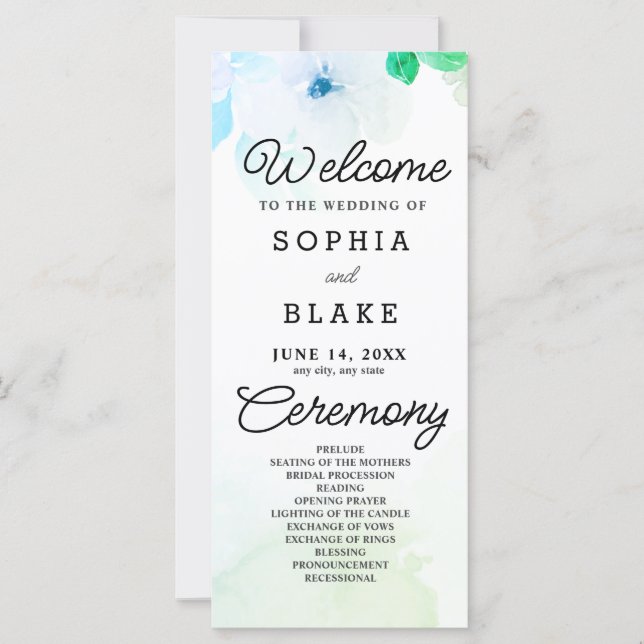 Blaue Blumen und das weiße Hochzeitsprogramm im Gr (Vorderseite)