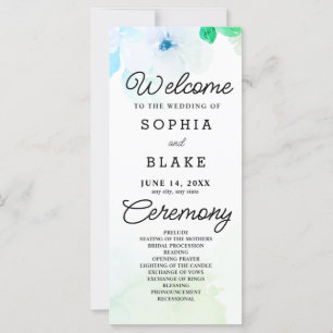 Blaue Blumen und das weiße Hochzeitsprogramm im Gr
