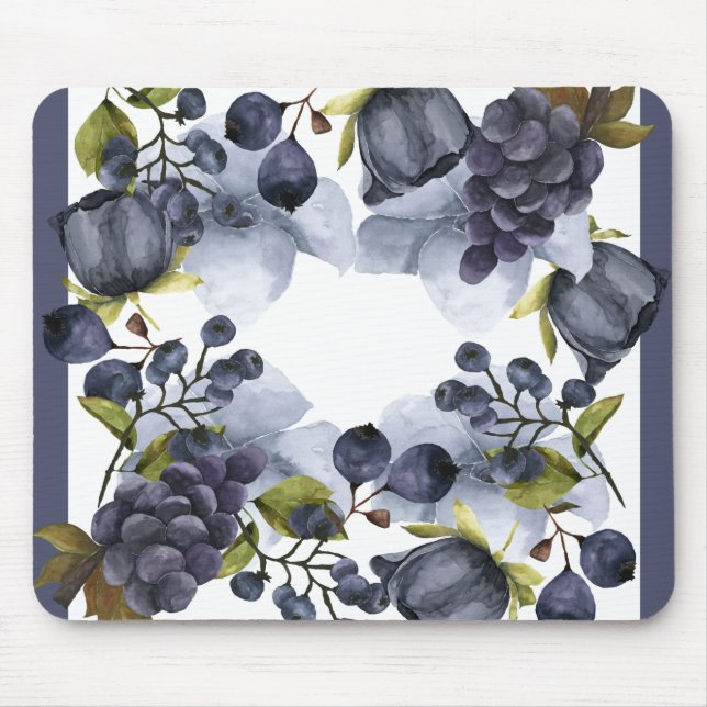 Blaue Blumen und Früchte im Rahmen Mousepad (Vorne)