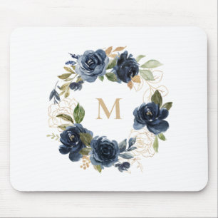 Blaue Blumen und goldene Blätter Wreath Monogram Mousepad