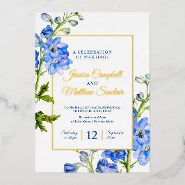 Blaue Blumen und goldene Sommerhochzeit Folieneinladung