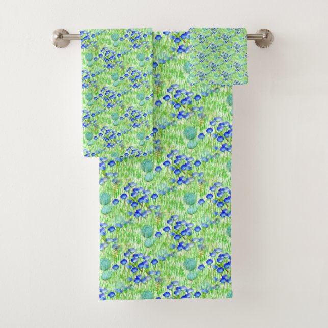 Blaue Blumen und Graslandschaften Kunstmuster Badhandtuch Set (Insitu)