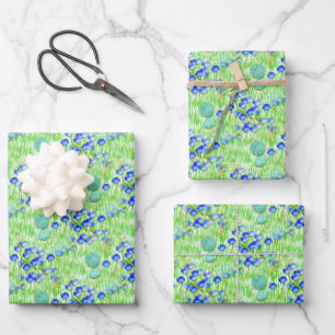 Blaue Blumen und Graslandschaften Kunstmuster Geschenkpapier Set