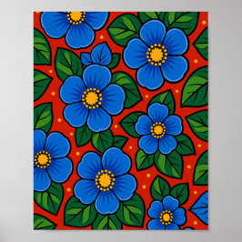 Blaue Blumen und grüne Blätter auf rotem Hintergru Poster