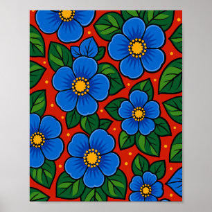 Blaue Blumen und grüne Blätter auf rotem Hintergru Poster