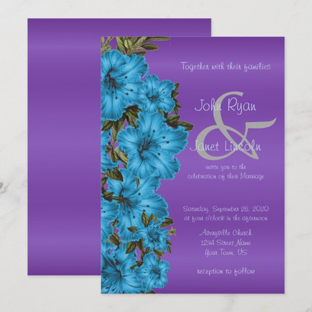 Blaue Blumen und Lila Satin Hochzeitseinladungen Einladung (Vorne/Hinten)