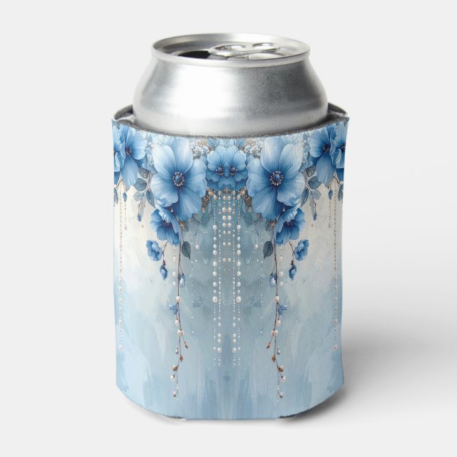 Blaue Blumen und Perlen Dosenkühler (Kanne Vorderseite)