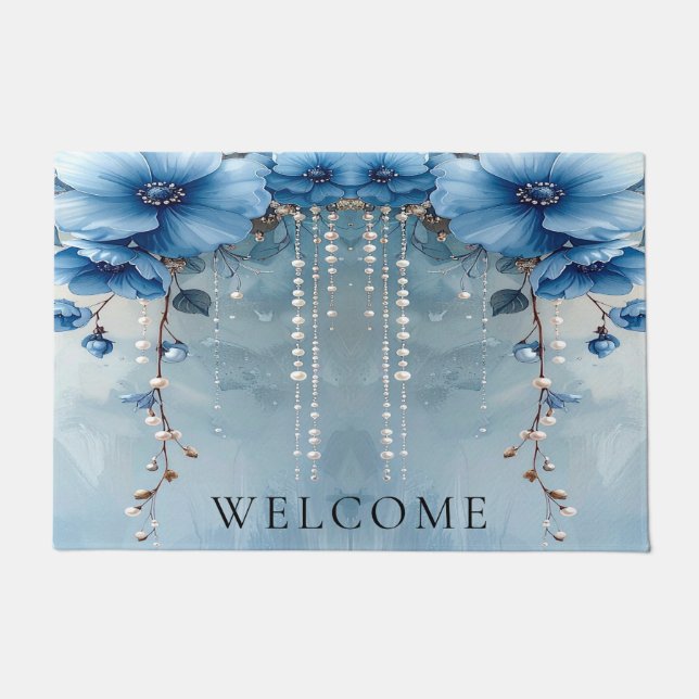Blaue Blumen und Perlen Fußmatte (Vorderseite)