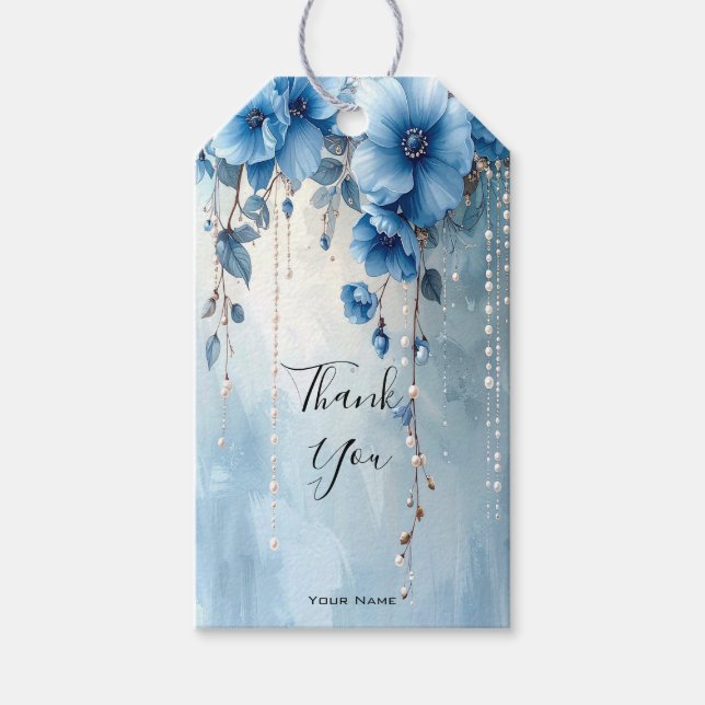 Blaue Blumen und Perlen Geschenkanhänger (Vorderseite)