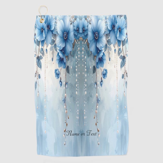 Blaue Blumen und Perlen Golfhandtuch (Vorderseite)