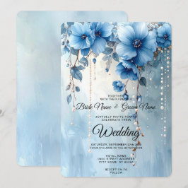 Blaue Blumen und Perlen Hochzeits-Einladung Einladung