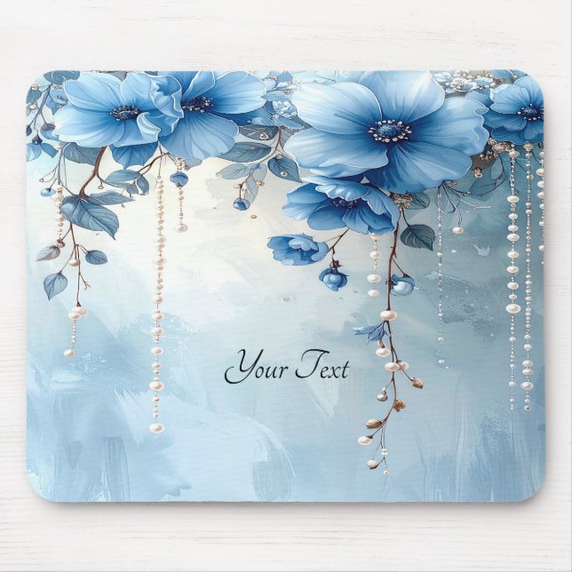 Blaue Blumen und Perlen-Mauspad Mousepad (Vorne)