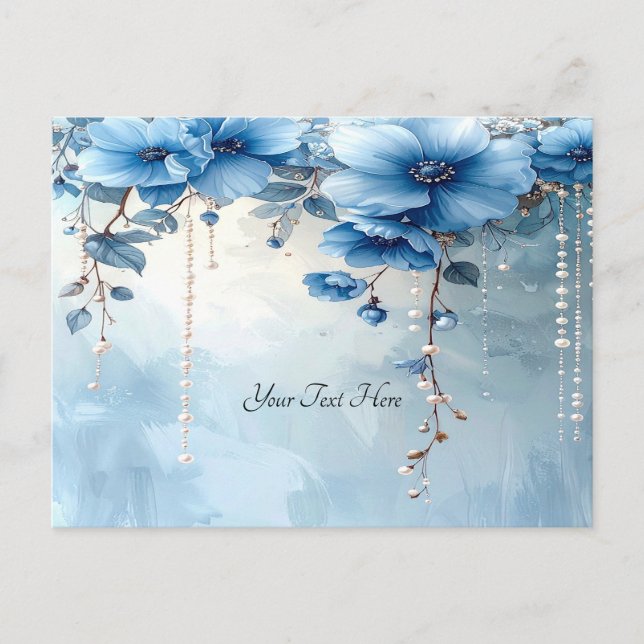 Blaue Blumen und Perlen Postkarte (Vorderseite)