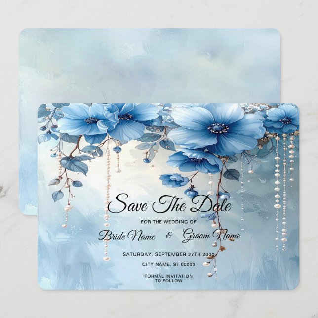 Blaue Blumen und Perlen Save The Date (Vorne/Hinten)