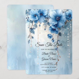 Blaue Blumen und Perlen Save the Date