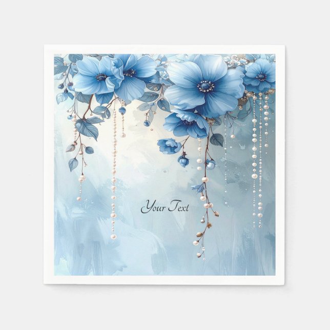 Blaue Blumen und Perlen Serviette (Vorderseite)