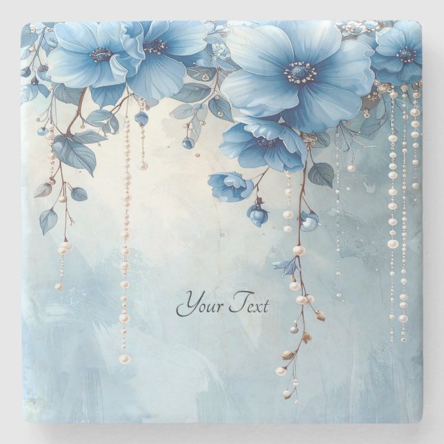 Blaue Blumen und Perlen Steinuntersetzer (Vorderseite)