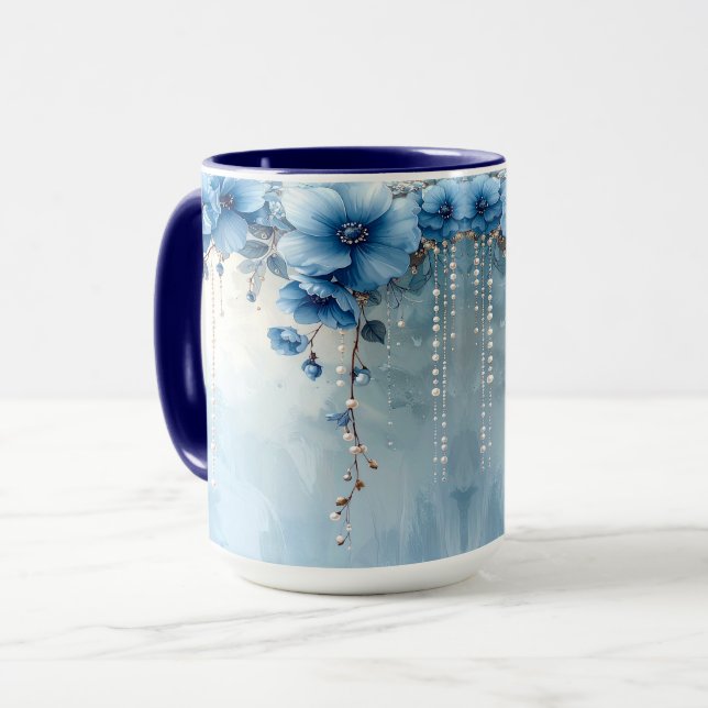 Blaue Blumen und Perlen Tasse (Vorderseite Links)