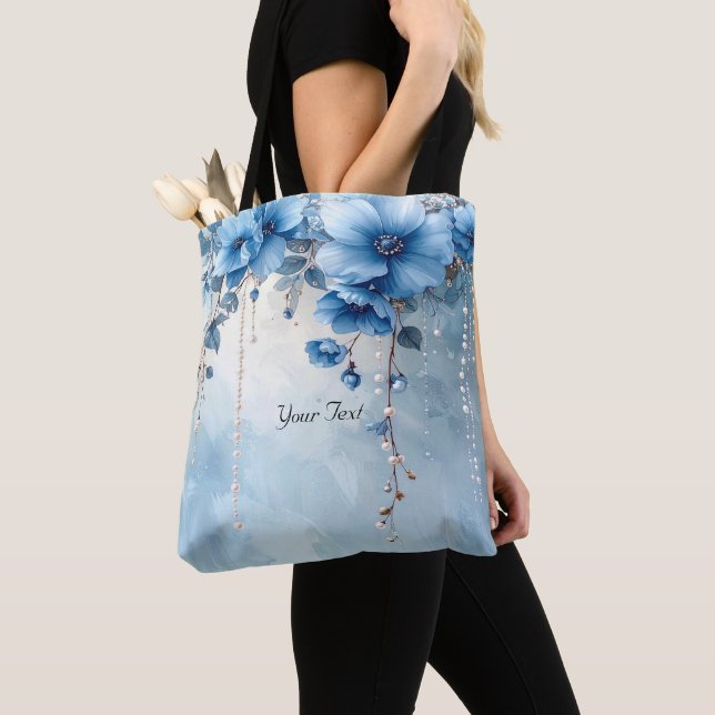 Blaue Blumen und Perlen Tote Bag Tasche (Von Nahem)