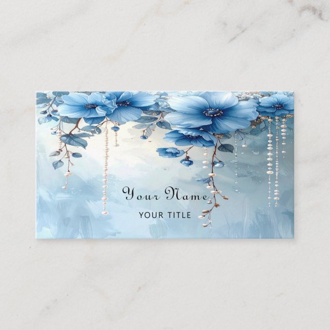 Blaue Blumen und Perlen Visitenkarte (Vorderseite)